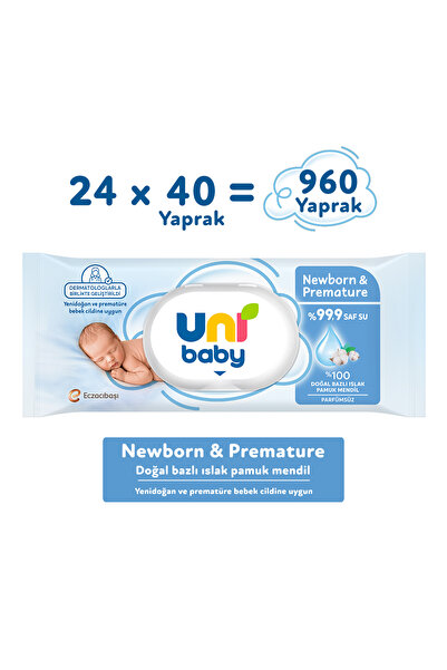 Uni Baby Newborn & Premature Yenidoğan Islak Pamuk Mendil 24X40 960 Yaprak
