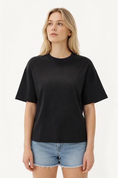 Base Concept Women's Black Oversized Crop Ribana Ribbed Knit T-Shirt