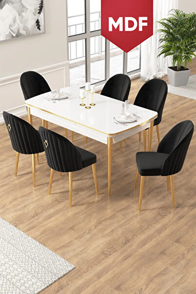 Canisa Edaf Serisi 80x132 MDF Açılabilir Beyaz Mutfak Masa Takımı 6 Siyah San...