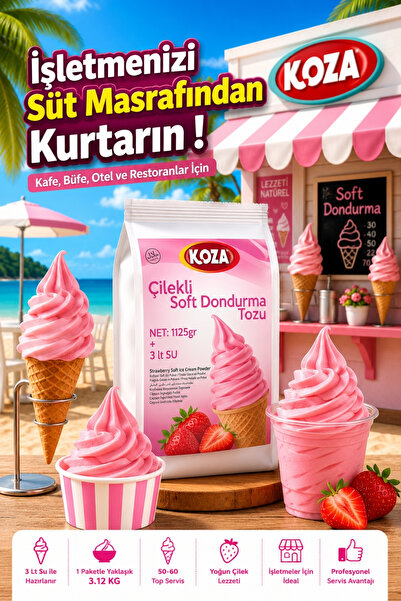 Koza Soft Dondurma Tozu Çilekli - 3 Litre Su İle Hazırlanan Dondurma Makinesi...