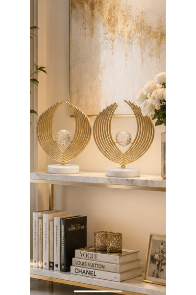 Meralles 2'li Büyük Küçük Gold Yaprak Küre Dekoratif Obje | Modern & Şık Ev O...