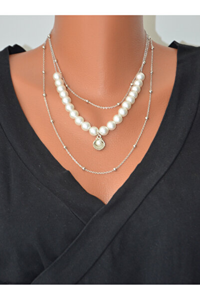 BİJUTERİ EVİ Silver Color Pearl Layered Women's Necklace Minimal Stylish Comb...