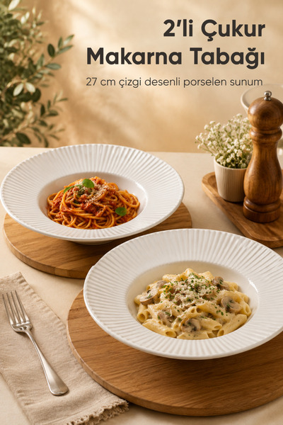 Vienev 2'li Porselen Çizgi Desenli Çukur Makarna Tabağı 27 cm