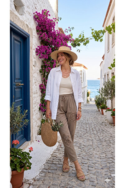 shE tekstil بنطلون كتان مزين بالزهور