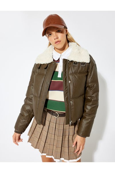 Koton Faux Leather Collar Fur Puffer Jacket with Zipper and Wind Cover Pocket