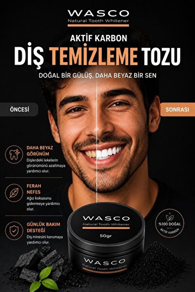wasco Aktif Karbon Diş Temizleme Tozu 50 Gr Extra Beyazlatıcı Diş Tozu + Nane