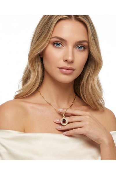 SEVMİNE Red Crystal Drop Steel Necklace with Zircon Stone - Stylish Box Detailed Birthday - Mother's Day Gift Steel Necklace