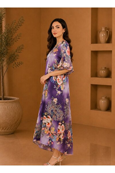 amaan Women's modern Floral Print Satin Jalabiya Dress, V-Neck, Flutter Sleev...