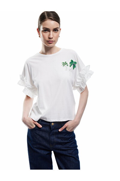 Koton Cotton Beaded Palm Applique Detail Crew Neck Short Sleeve Ruffle T-Shirt