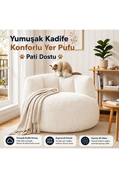 puffiber Premium Yer Pufu Fitilli Kadife Tek Kişilik Relax Koltuk 94x76 Cm
