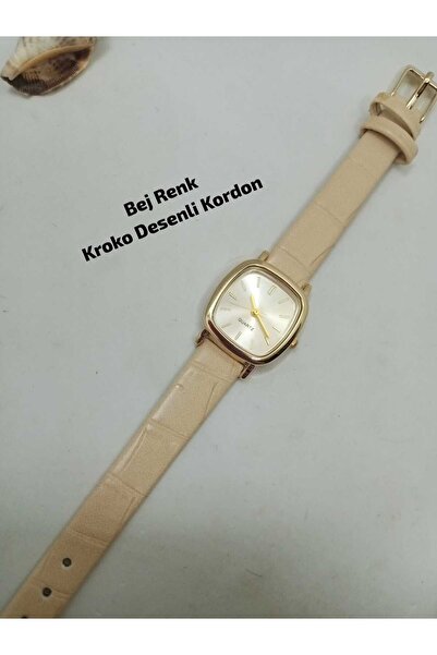 Brality Vintage Kadın Kol Saati Retro Minimal Model , Bej Renk Kordon, Gold R...