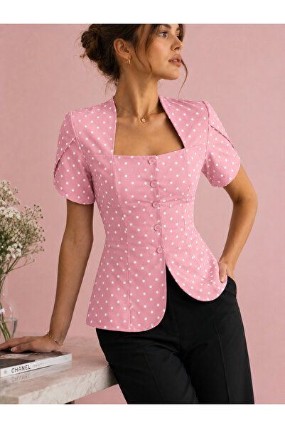 qeteen Women's Square Collar Button Detailed Polka Dot Blouse