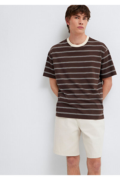 Mavi Çizgili Kahverengi Tişört Loose Fit / Bol Rahat Kesim 0613644-70220