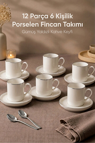 Vienev Porselen 6 Kişilik Kahve Fincan Takımı 12 Parça Sade Kahve Seti