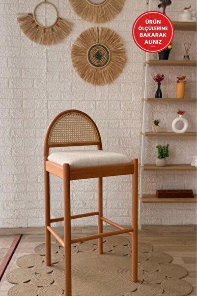 silla Nova Bar Sandalyesi Teddy Krem Kumaş Hasırlı Naturel Ahşap Ada Sandalye