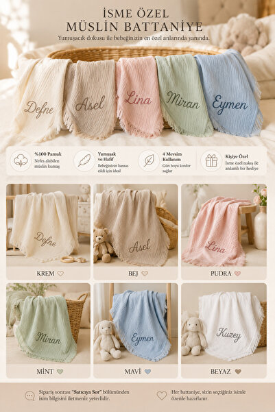 Minilora İsme Özel Nakışlı Müslin Bebek Battaniyesi Kişiye Özel Bebek Örtüsü ...