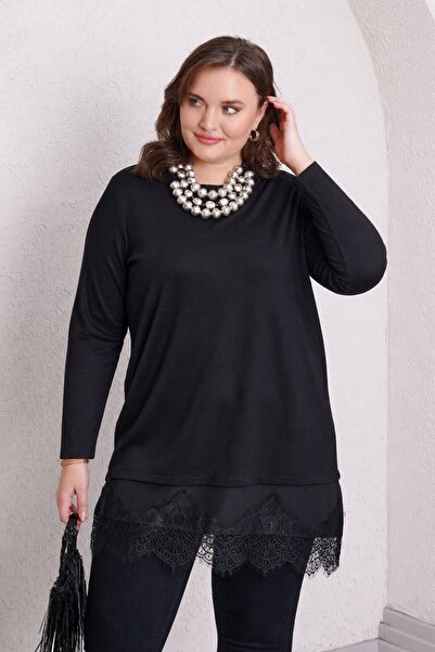 Büyük Moda Tricou cu mânecă lungă și detalii din dantelă