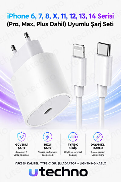 utechno iPhone Hızlı Şarj Aleti Adaptör + Lightning Kablo 6 7 8 X 11 12 13 14...