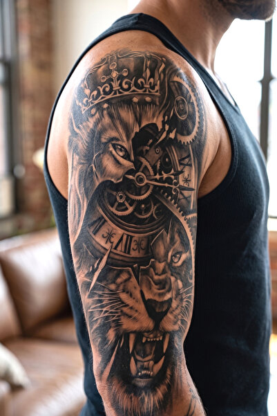 BP Tattoo Aslan ve Mekanik Saat Görünümlü Kol Kaplama Geçici Dövme