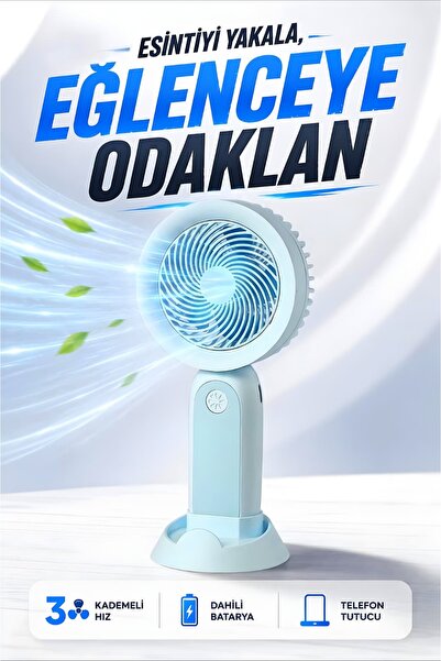 Kensa Şarjlı Taşınabilir Mini El Fanı 3 Kademeli Hız Ayarlı Telefon Standlı V...