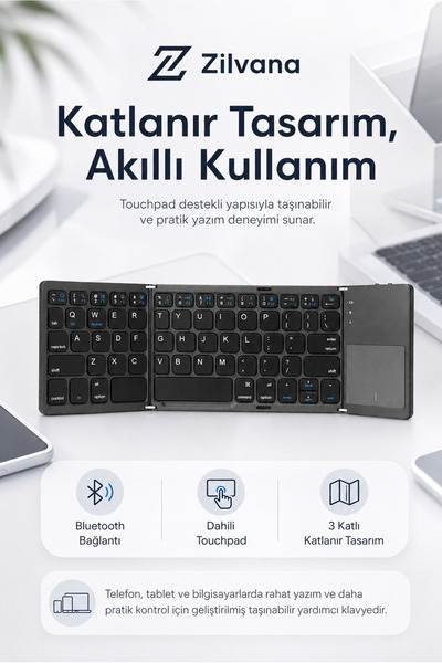 Zilvana Touchpad'li 3'e Katlanabilir Bluetooth Klavye - Çoklu Cihaz Destekli ...