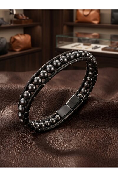 Parmas Design Hematite Stone Leather Cord and Steel Bracelet 6mm Men's Gift 01797