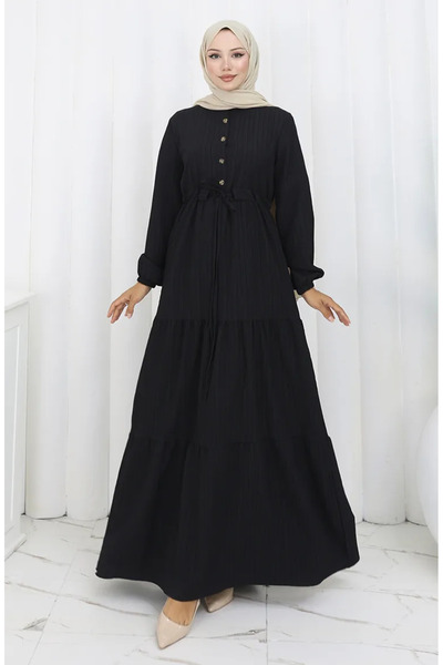 sefamerve Rochie cu mâneci elastice și legături la talie 2158-02 Negru