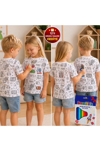 Parti Selesi Boyanabilir Çocuk Tişörtü Unisex 12'li Smart Keçeli Kalem Hediye...