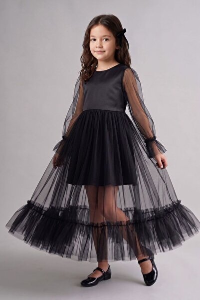 Le Mabelle Black Glittery Long Tulle Skirted Dress for Girls - Harriet