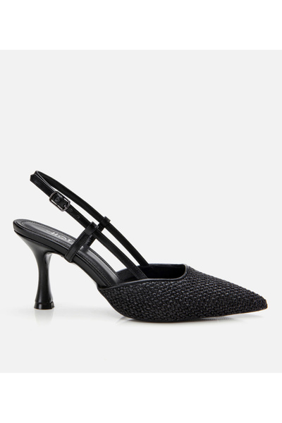 Hotiç Stiletto negru de damă, cu detalii din paie și spatele deschis