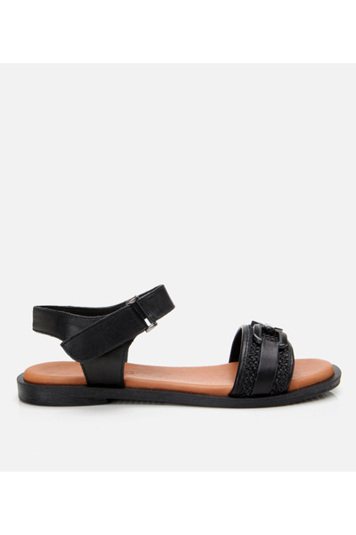 Hotiç Women's Leather Black Straw Detailed Flat Sandals