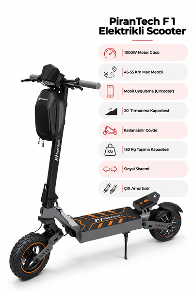 PiranTech F1 Elektrikli Scooter 1000W Turuncu | Mobil Uygulama | Çift Amortis...