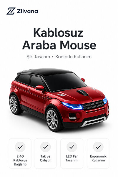 Zilvana Spor Araba Tasarımlı 2.4G Kablosuz Optik Mouse - Kırmızı SUV Model