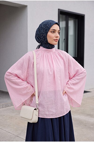 Modamorfo Hakim Yaka Spanish Sleeve Lined Voile Blouse -Pink