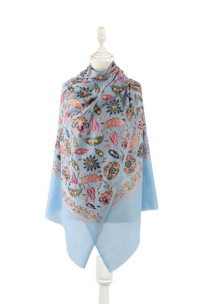 Bursa İpek Blue Fully Embroidered Suzani Wool Shawl