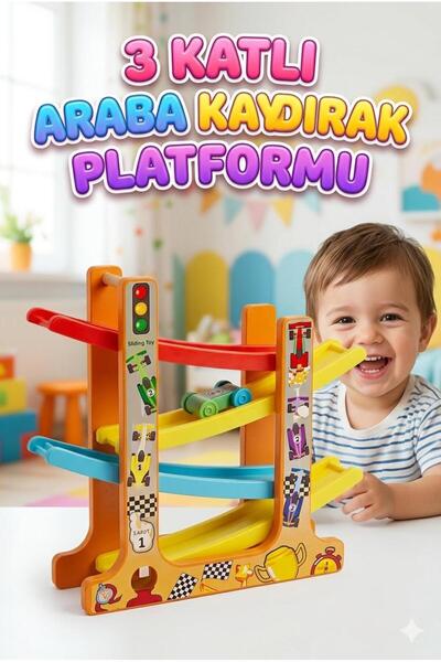 TrendTopic 3 Katlı Araba Kaydırak Platformu ve 5 Adet Yarış Arabalı Oyuncak Seti