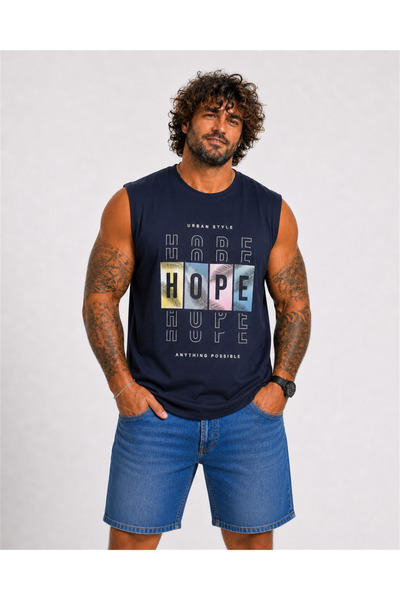 Starbattal تي شيرت بدون أكمام مطبوع بمقاس كبير Hope 26124 أزرق داكن