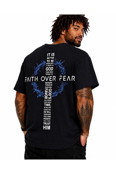 Starbattal Men's Large Size Crew Neck T-Shirt over Fear 26151 Navy Blue
