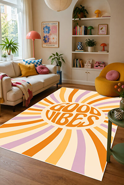 Pelura Halı Good Vibes Yazılı Pinterest Desen Baskılı Kaymaz Yıkanabilir Salo...