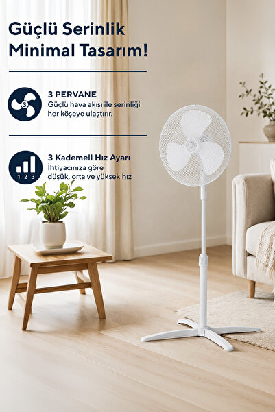 KUMTEL KTF-290 Beyaz 16 İnç Ayaklı Vantilatör 40 W,3 Kanatlı, 3 Pervaneli, 120 cm