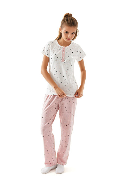 Ecrou Ecoru Pudra Yıldız Desenli Bisiklet Yaka Pijama Takım