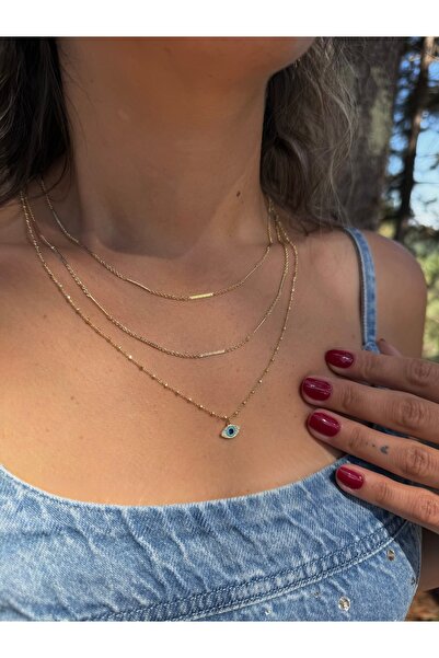 Tuysa Jewelry Mavi Nazar Göz Detaylı Çoklu Zincir Kolye