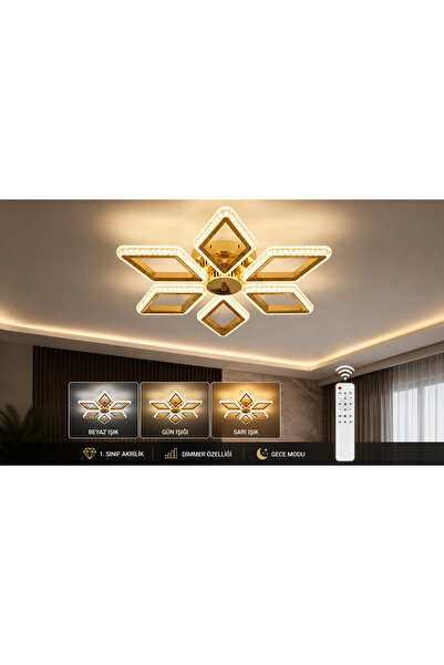 Marsel Lighting PRİZMA 6LI GOLD KUMANDALI LED AVİZE 3 RENK LED SECENEKLİ SALO...