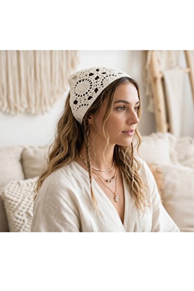 synshop Örgü Üçgen Bandana Krem Saç Bandı Kadın Genç Kız Çocuk Yazlık Bohem V...