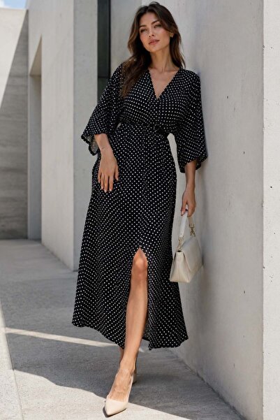 Madmext Black/White Polka Dot Print Long Dress with Slit Detail Mg2321