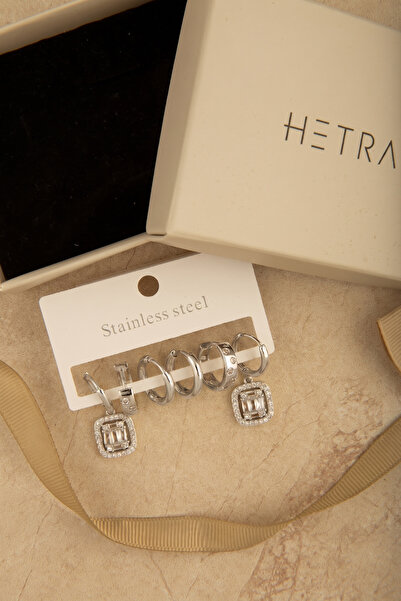 Hetra Silver Color Steel Zircon Stone Square Baguette Figured 6-Piece Hoop Earring Set