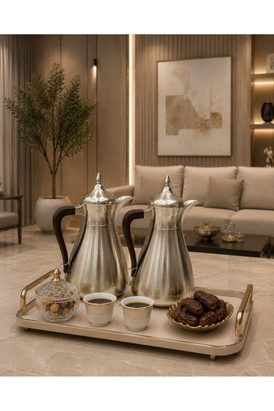 sahal aloula طقم ترامس قهوة وشاي فاخر فضي مطفي 1لتر - حافط للحرارة لمدة تصل إ...