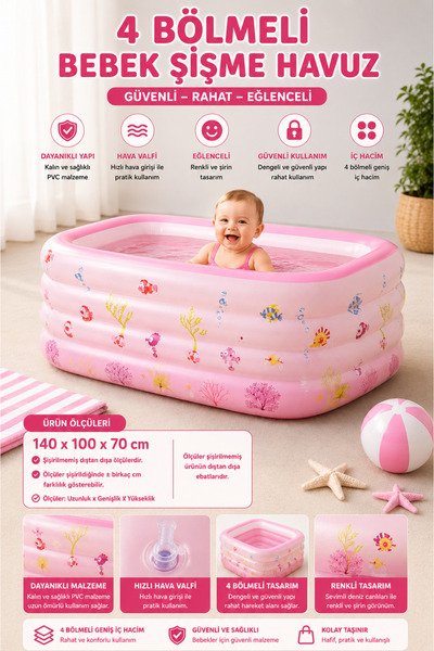 hak-iş oyuncak 140x100x70 4 Bölmeli Bebek Şişme Havuzu Pembe
