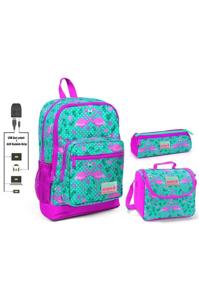 Coral High Yeşil Flamingo Baskılı Kız Çocuk Ilkokul Çanta Seti - Usb Çıkışlı