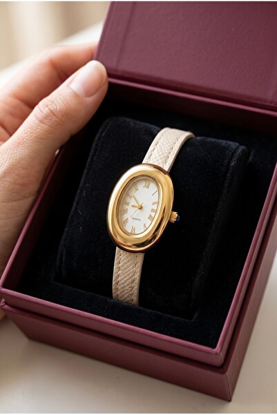 KLISHE Butik Classic Women's Watch Gold Color Beige Leather Band Vintage Watc...
